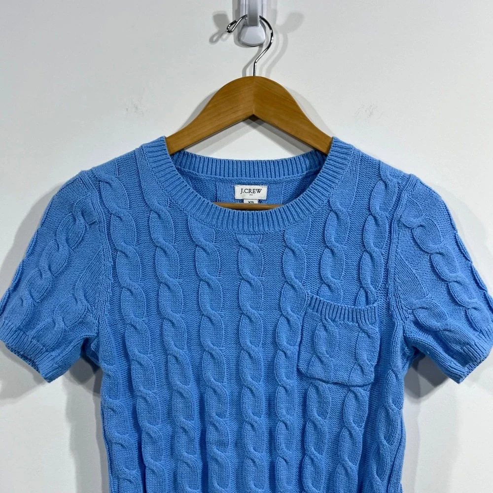 J.Crew Preppy Old Money Cable Knit Short Sleeve Sweater Crew Neck Womens XS Blue